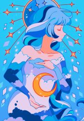 Rule 34 | 1girl, bare shoulders, blue background, blue hair, closed eyes, crescent moon, dress, glowing, gradient background, highres, long hair, long sleeves, meyoco, moon, multicolored hair, off-shoulder dress, off shoulder, original, print dress, profile, solo, upper body, very long hair