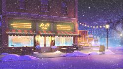 Rule 34 | absurdres, bare tree, cafe, christmas, commentary, english commentary, highres, lamppost, lights, mb0sco, menu board, motor vehicle, neon lights, night, no humans, official art, original, outdoors, picnic table, restaurant, scenery, semi truck, snow, snowing, table, tree, truck, winter