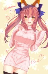 Rule 34 | 10s, 1girl, animal ears, dress, fate/extra, fate/grand order, fate (series), female focus, fox ears, heart, highres, long hair, looking at viewer, ribbed sweater, sleeves past wrists, solo, sweater, sweater dress, tamamo (fate), tamamo no mae (fate/extra), tanaji, thighhighs, twitter username, yellow eyes, zettai ryouiki