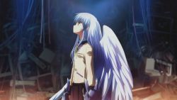 Rule 34 | 10s, 1girl, angel beats!, angel wings, blue hair, blurry, blurry background, highres, light blue hair, long hair, looking up, monitor, non-web source, school uniform, solo, standing, tenshi (angel beats!), wings