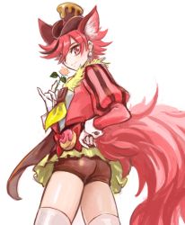 Rule 34 | 10s, 1girl, animal ears, ass, bike shorts, brown hat, brown shorts, cowboy shot, cure chocolat, dog ears, dog tail, earrings, extra ears, flower, gloves, hand on own hip, hat, holding, holding flower, jewelry, juliet sleeves, kenjou akira, kirakira precure a la mode, long sleeves, magical girl, necktie, precure, puffy sleeves, red eyes, red hair, short hair, shorts, simple background, skirt, smile, solo, standing, tachibana momoya, tail, thighhighs, top hat, white background, white gloves, white thighhighs, yellow skirt