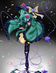 Rule 34 | 1girl, absurdres, adapted costume, black background, black hat, black pantyhose, blush, boots, bow, cape, chinese commentary, commentary request, covered mouth, floating clothes, floating hair, floral print, flower, frilled cape, full body, gaosuhuancun, gradient background, green cape, green eyes, green hair, grey background, hair between eyes, hand up, hat, hat bow, hat flower, hat ornament, heart, heart hat ornament, heart of string, highres, holding, holding flower, huge bow, komeiji koishi, long sleeves, looking at viewer, medium hair, pantyhose, purple bow, purple flower, purple footwear, purple rose, red flower, red rose, reflection, ripples, rose, rose print, shirt, simple background, sleeve bow, slit pupils, solo, standing, third eye, touhou, water, yellow bow, yellow shirt