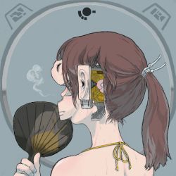 Rule 34 | 1girl, android, brown hair, hand fan, female focus, from behind, hot, mechanical parts, nape, paper fan, ponytail, smoke, solo, sweat, uchiwa, ymr