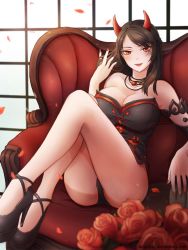 Rule 34 | 10s, 1girl, bad id, bad pixiv id, bare shoulders, black dress, black hair, black panties, blade &amp; soul, blush, breasts, character request, cleavage, collarbone, couch, dress, facial tattoo, flower, high heels, highres, horns, jewelry, knees up, large breasts, long hair, looking at viewer, nail polish, orange eyes, panties, pantyshot, parted lips, pendant, petals, red flower, red nails, red rose, rose, rose petals, short dress, sitting, smile, solo, strapless, strapless dress, tasselcat, tattoo, underwear, watermark