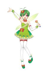 Rule 34 | 00s, 1girl, absurdres, ahoge, alala, antenna hair, arm up, bad id, bad pixiv id, bare shoulders, bell, bow, bowtie, corset, dress, earrings, fairy, fairy wings, full body, green theme, headband, heart, highres, jewelry, knees together feet apart, mermaid melody pichi pichi pitch, microphone, ohisashiburi, one eye closed, open mouth, pink eyes, simple background, sleeveless, slit pupils, smile, solo, standing, thigh strap, thighhighs, white background, white thighhighs, wings