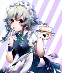 Rule 34 | 1girl, apron, back bow, blue bow, blue dress, blue eyes, blue wrist cuffs, bow, braid, cake, commentary request, crumbs, dress, earrings, finger to mouth, food, frilled apron, frilled dress, frilled hairband, frilled wristband, frills, fruit, green bow, green necktie, grey hair, hair bow, hair ribbon, hairband, holding, holding food, holding plate, izayoi sakuya, jewelry, maid, maid headdress, nail polish, necktie, one-hour drawing challenge, open mouth, plate, puffy short sleeves, puffy sleeves, purple background, red nails, ribbon, shirt, short dress, short hair, short sleeves, single wrist cuff, sleeve bow, strawberry, strawberry shortcake, striped, striped background, suzune hapinesu, touhou, twin braids, two-tone background, waist apron, white apron, white background, white bow, white headwear, white ribbon, white shirt, wrist cuffs
