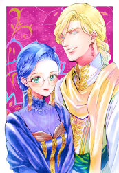Rule 34 | 1boy, 1girl, blonde hair, blue eyes, blue hair, blush, braid, breasts, cleavage, closed mouth, dress, earrings, final fantasy, final fantasy iv, final fantasy iv: the after years, edward chris von muir, glasses, green eyes, harley (ff4), jewelry, lipstick, long hair, looking at viewer, makeup, medium breasts, mitsuharu nene, smile