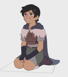 Rule 34 | amphibia, armor, black eyes, black hair, boots, breastplate, cape, drunkfood d, fingerless gloves, fur boots, fur cape, gloves, green skirt, grey shirt, hair ornament, hairclip, male focus, marcy wu, nervous smile, non-web source, shirt, short hair, simple background, sitting, skirt, smile, solo, swept bangs, teeth, white background, worried
