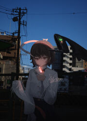Rule 34 | 1girl, absurdres, animal, bioluminescence, black dragonfish, brown eyes, brown hair, chain-link fence, cigarette, commentary, evening, fence, fish, flying fish, glowing, highres, holding, holding lighter, ikanoshiokara, lighter, lighting cigarette, mouth hold, oarfish, original, outdoors, power lines, scenery, short hair, signature, smoking, solo, surreal, utility pole, zippo lighter