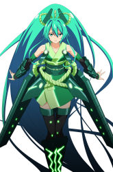 Rule 34 | 1girl, aqua hair, armor, bare shoulders, faulds, fusion, gauntlets, glowing, greaves, green eyes, iyakun, japanese clothes, long hair, simple background, solo, thighhighs, very long hair, vividgreen, vividred operation, white background