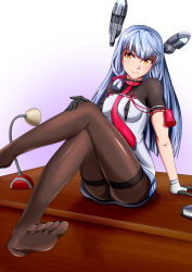 Rule 34 | 10s, 1girl, arm support, blue hair, blush, desk, feet, foot focus, hand on own knee, highres, kantai collection, long hair, looking at viewer, murakumo (kancolle), panties, pantyhose, pantyshot, parted lips, pov, sitting, smile, soles, toes, underwear, yellow eyes