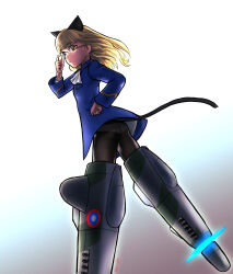 Rule 34 | 1girl, animal ears, ass, blonde hair, breasts, cat ears, cat tail, closed mouth, flying, glasses, hand on own hip, highres, long hair, military uniform, panties, panties under pantyhose, pantyhose, perrine h. clostermann, shiri chin, simple background, small breasts, solo, strike witches, striker unit, tail, underwear, uniform, white panties, world witches series, yellow eyes