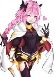 Rule 34 | 1boy, astolfo (fate), black bow, blush, bow, braid, cape, commentary request, emokakimasu, fang, fate/grand order, fate (series), garter straps, hair between eyes, hair intakes, hair ribbon, highres, lance, looking at viewer, male focus, multicolored hair, nose blush, open mouth, pink hair, polearm, purple eyes, ribbon, single braid, streaked hair, sword, trap, v, weapon