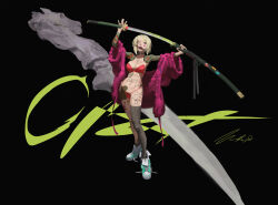 Rule 34 | 1girl, absurdres, bandeau, bikini, blonde hair, breasts, choker, cleavage, coat, commentary, dagger, english commentary, facial tattoo, full-body tattoo, fur coat, highres, holding, holding sheath, holding sword, holding weapon, knife, large breasts, lipstick, makeup, medium breasts, muskdeer, o-ring, o-ring choker, off-shoulder coat, off shoulder, original, paint splatter, projected inset, see-through thighhighs, sheath, shoes, short hair, single thighhigh, snake tattoo, sneakers, solo, swimsuit, sword, tattoo, thighhighs, unsheathing, weapon