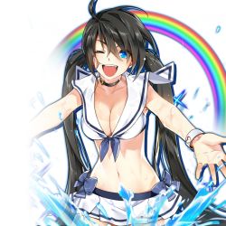 Rule 34 | 1girl, ahoge, black hair, blue eyes, blush, breasts, cleavage, closers, fang, large breasts, long hair, looking at viewer, navel, one eye closed, open mouth, smile, solo, tanline, twintails, yuri seo