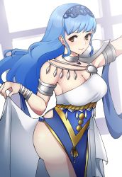 Rule 34 | 1340smile, 1girl, absurdres, armlet, armor, ass, blue hair, blue hairband, blunt bangs, blush, bracelet, breasts, brown eyes, closed mouth, commentary, commission, dancer (fire emblem: three houses), dress, english commentary, fire emblem, fire emblem: three houses, fire emblem warriors: three hopes, floating hair, hairband, highres, jewelry, large breasts, lips, long hair, looking at viewer, marianne von edmund, nintendo, pelvic curtain, pink lips, shoulder armor, smile, solo, white dress