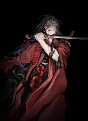 Rule 34 | 1boy, absurdres, black background, black hair, black scrunchie, blood, blood on clothes, blood on face, blood on neck, chinese clothes, cowboy shot, dao gui yi xian, grey eyes, guro, hair between eyes, hanfu, highres, holding, holding sword, holding weapon, intestines, li huowang, long hair, long sleeves, male focus, mismatched sclera, open mouth, red robe, red sleeves, ribs, robe, scrunchie, simple background, slit throat, straight-on, sword, teeth, tentacles, tuntuntun (zuhop), upper teeth only, weapon, weapon on back, wide sleeves