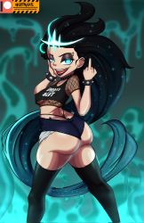 Rule 34 | 1girl, ass, black hair, boots, breasts, choker, fishnet top, fishnets, goth fashion, gothic, highres, league of legends, lipstick, makeup, middle finger, nightmare hdraw, shorts, solo, thigh boots, thighhighs, thong, underboob, whale tail (clothing), zoe (league of legends)