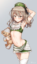Rule 34 | 10s, 1girl, adjusting clothes, adjusting headwear, armpits, bandages, bare arms, bare shoulders, black ribbon, blush, boko (girls und panzer), breasts, brown eyes, brown hair, clothes writing, collarbone, commentary request, cowboy shot, crop top, embarrassed, frilled skirt, frills, girls und panzer, green skirt, grey background, hair ribbon, hand on headwear, hat, highres, holding, inu (aerodog), leaf, long hair, looking at viewer, miniskirt, navel, nervous smile, ribbon, shimada arisu, simple background, skirt, small breasts, smile, solo, standing, stomach, stuffed animal, stuffed toy, teddy bear, thighhighs, twitter username, wavy hair, white thighhighs