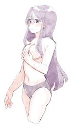 Rule 34 | 1girl, blush, breasts, chadolbaegi, character request, copyright request, covering breasts, covering privates, cropped legs, groin, hair between eyes, highres, long hair, medium breasts, navel, panties, purple eyes, purple hair, purple panties, self-harm, simple background, sketch, solo, thighs, topless, underwear, underwear only, white background