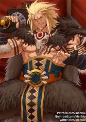 Rule 34 | 1boy, abs, bara, bare pectorals, blonde hair, bwanga, chest tattoo, dungeon and fighter, facial hair, fingerless gloves, gloves, goatee, gumroad username, kienbiu, large pectorals, long hair, looking at viewer, male focus, manly, muscular, nipples, over shoulder, paid reward available, patreon username, pectorals, pelvic curtain, sidelocks, sitting, solo, spread legs, tattoo, topless male, twitter username, weapon, weapon over shoulder