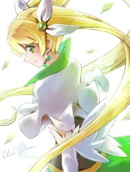 Rule 34 | 1girl, blonde hair, capelet, clear glass (mildmild1311), earrings, elbow gloves, gloves, green eyes, green skirt, hair ribbon, happinesscharge precure!, jewelry, looking at viewer, looking back, precure, ribbon, simple background, skirt, solo, twintails, unknown blonde-haired cure (happinesscharge precure!), white background, wind