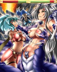 Rule 34 | 3girls, no arms, bare shoulders, blue eyes, blue hair, breasts, character request, copyright request, female focus, fighting, green eyes, green hair, high ponytail, lamia, large breasts, long hair, medium breasts, midriff, monster girl, multiple girls, no arms, no bra, no panties, revealing clothes, sirat111, tagme