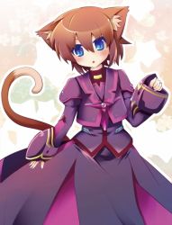 Rule 34 | 1girl, animal ears, blue eyes, blush, brown hair, cat ears, cat tail, dress, fingerless gloves, gloves, kemonomimi mode, long sleeves, lyrical nanoha, magical girl, mahou shoujo lyrical nanoha, mahou shoujo lyrical nanoha a&#039;s, mahou shoujo lyrical nanoha a&#039;s portable: the battle of aces, stern the destructor, puffy sleeves, satsuki suzuran, short hair, solo, tail