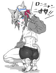 Rule 34 | 1girl, alternate costume, animal ears, ass, blue eyes, blush, bow, braid, commentary request, cropped jacket, dixie cup hat, ear bow, ear ornament, ears through headwear, from behind, hat, heart, highres, horse ears, horse girl, horse tail, jacket, long sleeves, medium hair, military hat, open mouth, red bow, shoes, shorts, simple background, smile, sneakers, solo, spoken heart, spot color, squatting, tail, teeth, translation request, umamusume, upper teeth only, v, venus paques (umamusume), white background, yaki apple