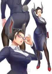 Rule 34 | absurdres, adjusting eyewear, black pantyhose, breasts, clothing cutout, collared shirt, fingernails, formal, glasses, hair bun, high heels, highres, large breasts, mature female, multiple views, office lady, original, pantyhose, parted lips, pencil skirt, pumps, purple eyes, red-framed eyewear, red footwear, red lips, red nails, shirt, short hair, simple background, skirt, skirt suit, suit, tail, tail through clothes, teacher, white background, white shirt, you nf