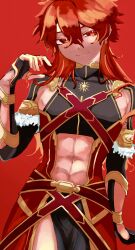 Rule 34 | 1boy, abs, alexander (fate), alternate hairstyle, arm support, black gloves, black shirt, closed mouth, cowboy shot, crop top, detached sleeves, earrings, fate/grand order, fate (series), gloves, hair between eyes, highres, jewelry, long hair, male focus, navel, pectorals, red background, red eyes, red hair, shirt, sidepec, smile, tokoni fusu