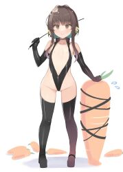 Rule 34 | 1girl, alternate costume, black gloves, black leotard, black thighhighs, blush, brown eyes, brown hair, carrot, closed mouth, collarbone, dominatrix, elbow gloves, full body, gloves, gluteal fold, groin, kantai collection, leotard, looking at viewer, navel, shin (new), short hair with long locks, sidelocks, simple background, smile, solo, standing, thighhighs, ukuru (kancolle), white background