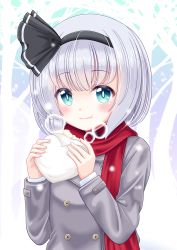 Rule 34 | :t, absurdres, aqua eyes, arms up, baozi, bare tree, blush, bob cut, bright pupils, buttons, coat, commentary request, double-breasted, food, gradient background, grey coat, hair ribbon, highres, holding, holding food, konpaku youmu, konpaku youmu (ghost), looking at viewer, red scarf, reimei (r758120518), ribbon, scarf, short hair, silver hair, snowing, solo, standing, steam, touhou, tree, upper body, white pupils, winter clothes, winter coat