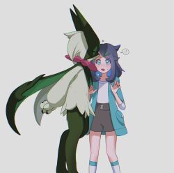 Rule 34 | !?, 1girl, animal hands, arms behind back, black hair, blue eyes, blue hair, blue jacket, blush, cat paws, closed eyes, colored inner hair, creatures (company), game freak, hair ornament, hairclip, hands up, heart, highres, jacket, kiss, kissing forehead, liko (pokemon), medium hair, meowscarada, multicolored hair, nintendo, open clothes, open jacket, open mouth, pokemon, pokemon (anime), pokemon (creature), pokemon horizons, seiun (hoshigumo 72), shirt, shorts, simple background, socks, speech bubble, two-tone hair, white shirt