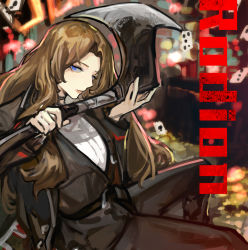 Rule 34 | 1girl, axe, blouse, blue eyes, brown hair, card, character name, choker, formal, holding, holding weapon, limbus company, long hair, nishikujic, pants, project moon, rodion (project moon), shirt, suit, weapon, white shirt
