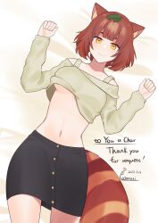 Rule 34 | 1girl, absurdres, animal ears, artist name, bare shoulders, black skirt, blunt bangs, breasts, brown hair, brown tail, buttons, closed mouth, commission, cowboy shot, crop top, cropped sweater, dated, futatsuiwa mamizou, grey sweater, hands up, highres, leaf, leaf on head, long sleeves, looking at viewer, medium breasts, midriff, navel, off-shoulder sweater, off shoulder, pencil skirt, raccoon ears, raccoon girl, raccoon tail, short hair, signature, skeb commission, skirt, smile, solo, sweater, tail, tebamaru, thank you, touhou, underboob, yellow eyes