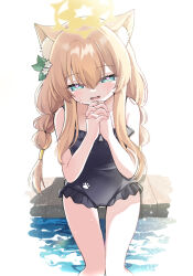 Rule 34 | 1girl, absurdres, animal ear fluff, animal ears, black one-piece swimsuit, blue archive, blue eyes, blush, braid, breasts, casual one-piece swimsuit, commentary request, flower, fox ears, fox girl, frilled one-piece swimsuit, frills, hair between eyes, hair flower, hair ornament, hair tubes, halo, heart, heart in eye, highres, interlocked fingers, long hair, looking at viewer, mari (blue archive), mari (swimsuit) (blue archive), ni kiro, official alternate costume, one-piece swimsuit, open mouth, orange hair, own hands clasped, own hands together, paw print, side braid, sidelocks, single braid, sitting, small breasts, soaking feet, solo, sweat, swimsuit, symbol in eye, yellow halo