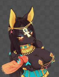 Rule 34 | 1girl, absurdres, anubis (mythology), artist request, black hair, furry, furry female, handjob, highres, long hair, nail polish, open mouth, penis, red eyes, solo, uncensored
