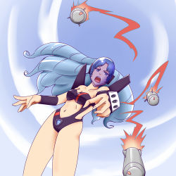Rule 34 | 1girl, artist request, blue hair, breasts, daitokuji biko, drill hair, female focus, long hair, looking at viewer, lowres, missile, outdoors, project a-ko, sky, solo, swimsuit, visor
