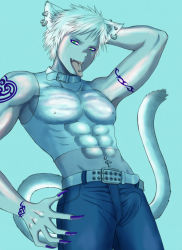 Rule 34 | 1boy, animal ears, bulge, cat boy, cat ears, cat tail, claws, collar, earrings, jewelry, male focus, muscular, piercing, simple background, solo, tail, tattoo