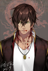 Rule 34 | 10s, 1boy, blood, brown hair, candytang442494812, collarbone, dark skin, dragon, jacket, licking, looking at viewer, male focus, multicolored hair, necklace, ookurikara, personification, red hair, simple background, solo, tongue, tongue out, touken ranbu, two-tone hair, yellow eyes