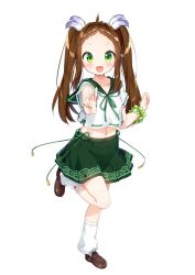 Rule 34 | 1girl, arm scrunchie, brown hair, character request, feather hair ornament, green eyes, green skirt, hair ornament, highres, jozankei izumi, kneehighs, leg up, long hair, loose socks, midriff, navel, official art, onsen musume, open mouth, outstretched hand, school uniform, scrunchie, serafuku, shirt, shoes, simple background, skirt, smile, socks, solo, standing, standing on one leg, tousaki shiina, twintails, v, white background, white shirt, white socks, wrist scrunchie