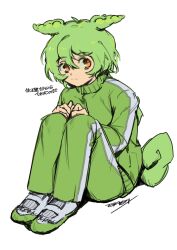 Rule 34 | 1girl, alternate costume, babibu baby, character name, closed mouth, expressionless, full body, green hair, green jacket, green pants, green track suit, hands on own knees, highres, jacket, knees up, long hair, long sleeves, looking at viewer, low ponytail, pants, shoes, signature, simple background, sitting, solo, track jacket, track pants, translation request, uwabaki, voicevox, white background, yellow eyes, zundamon