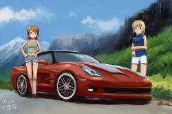 Rule 34 | 2girls, blonde hair, brown hair, car, casual, charlotte e. yeager, chevrolet, chevrolet corvette, chevrolet corvette c6, crossed arms, dated, denim, denim shorts, kanokoga, long hair, marian e. carl, motor vehicle, mountain, multiple girls, noble witches, shorts, smile, strike witches, vehicle, vehicle focus, world witches series