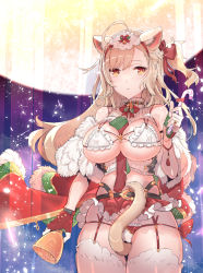 Rule 34 | 1girl, ahoge, animal ears, bell, bikini, blonde hair, breasts, candy, candy cane, cape, cat ears, cat tail, cowboy shot, food, full moon, fur-trimmed cape, fur trim, garter straps, holding, holding bell, holding candy, holding candy cane, holding food, jingle bell, large breasts, long hair, looking at viewer, moon, orange eyes, original, red cape, solo, swimsuit, tail, tajima ryuushi, thighhighs, white bikini, white thighhighs