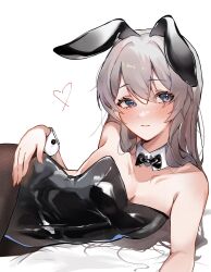 Rule 34 | 1girl, animal ears, bare shoulders, blue pupils, blush, bow, bowtie, breasts, cleavage, detached collar, firefly (honkai: star rail), grey hair, hair between eyes, hand on own hip, heart, highres, honkai: star rail, honkai (series), kbnimated, leotard, long hair, lying, medium breasts, on side, playboy bunny, rabbit ears, smile, thighhighs, two-tone eyes, upper body, wide hips, wrist cuffs
