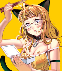 Rule 34 | animal ears, armband, blonde hair, blue eyes, cat ears, cat tail, chopsticks, collar, food, glasses, kouno (masao), nattou, solo, tail, world witches series