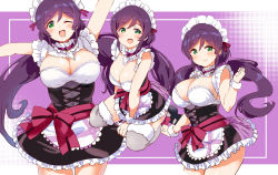 Rule 34 | 1girl, ;d, alternate costume, black dress, black thighhighs, blush, breasts, cleavage, commentary request, detached collar, dress, enmaided, green eyes, grey thighhighs, hair ornament, hair scrunchie, kneeling, kurokawa makoto, large breasts, looking at viewer, love live!, love live! school idol project, low twintails, maid, maid headdress, mogyutto &quot;love&quot; de sekkin chuu!, multiple views, one eye closed, open mouth, purple background, purple hair, purple scrunchie, scrunchie, shoes, short dress, smile, thighhighs, tojo nozomi, twintails, two-tone background, white background, wrist cuffs
