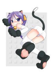 Rule 34 | 00s, 1girl, animal ears, bell, blush, cat ears, cat tail, fang, from behind, hair ribbon, hiiragi kagami, long hair, lucky star, panties, purple eyes, purple hair, ribbon, satou santouhei, solo, striped clothes, striped panties, tail, thighhighs, tsurime, twintails, underwear