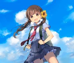 Rule 34 | 1girl, :d, backpack, bag, blue skirt, blue sky, brown eyes, brown hair, cloud, cloudy sky, collared shirt, cowboy shot, day, floating hair, flower, hair flower, hair ornament, kuga tsukasa, long hair, looking at viewer, necktie, open mouth, original, outdoors, pleated skirt, red necktie, shirt, skirt, sky, smile, solo, standing, sunflower, sunflower hair ornament, twintails, white shirt, wing collar